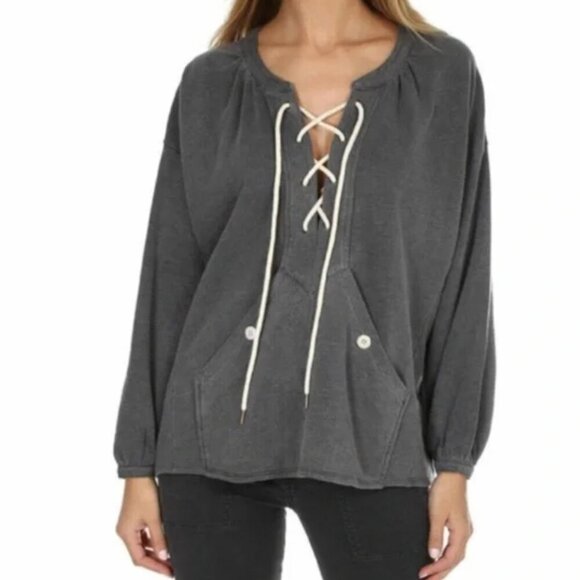 The Great Sweatshirt V-Neck Rope Lace Up Top Long Sleeve Pullover Gray Size 0 XS - Picture 9 of 10
